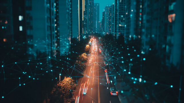 Nighttime cityscape with illuminated road and digital network overlay
