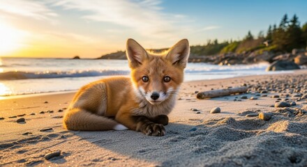 Fototapeta premium Adorable fox cub enjoys a beautiful sunset on a sandy beach