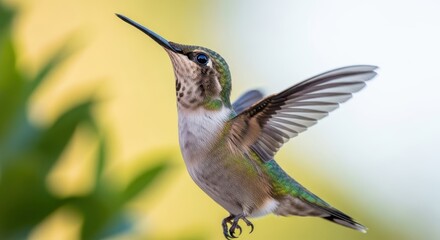 Fototapeta premium A Tiny Hummingbird Hovers Midair Capturing Nectar From Flowers