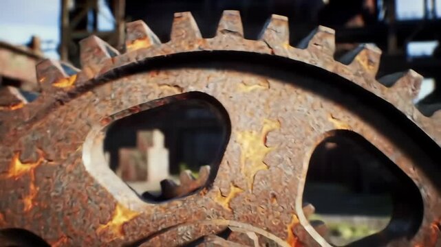 Close-up of rusted metal gear with gears, showing industry, technology and nature concepts.