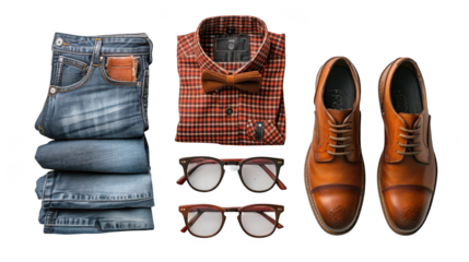 Stack of folded denim jeans, plaid shirt with bow tie, two pairs of glasses, and leather shoes isolated on transparent background