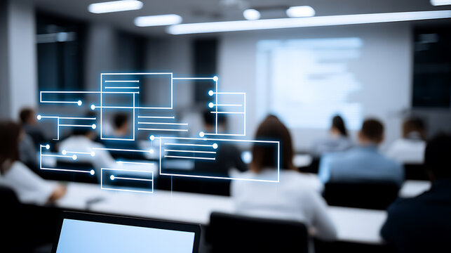 Business meeting with digital flowchart overlay in modern office setting - Powered by Adobe