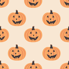 Halloween seamless pattern. Vector illustration of Halloween party. Cute pumpkins and bows on light background. Holiday cartoon Illustration