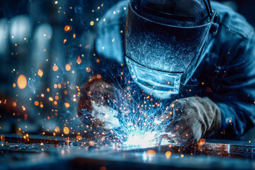 Skilled welder wearing protective gear working intensively with sparks and bright blue welding light in a dark industrial environment