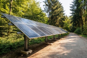 Solar panels stand on a metal frame beside a dirt road in a forest. Sunlight reflects off the panels, showcasing a sustainable energy solution in a natural setting