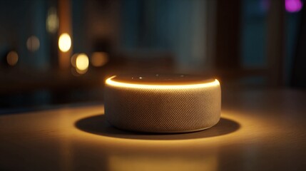 A glowing Amazon Echo Dot smart speaker sits on a table in a dimly lit room, casting a warm orange light.