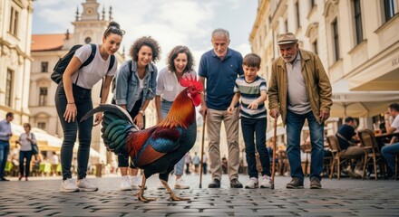 A Family Encounters a Majestic Rooster in a Cobblestone European City Street