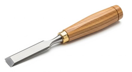 Fine Woodworking Chisel: A meticulously crafted wood chisel, gleaming in its metallic splendor, with a robust wooden handle. Perfect for woodworking and carpentry.