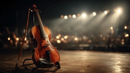 A classical violin rests on its stand, waiting on a wooden stage under dramatic spotlights before a performance.