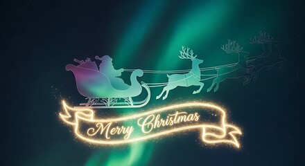 Santa claus riding in his sleigh with reindeer flying across the night sky with aurora borealis and a merry christmas banner in front