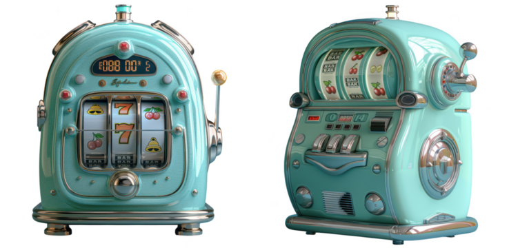 Retro turquoise slot machine isolated on transparent background