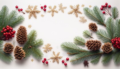 Festive New Year 2026 Greeting Card With Pine Branches Cones Stars Red Berries And Snowflakes On A White Background