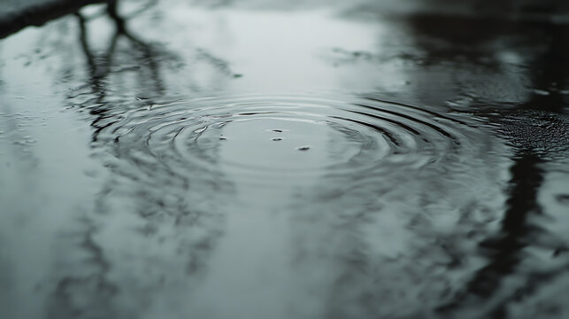 Raindrop Ripples: Concentric circles spread across a puddle, reflecting the overcast sky and bare tree branches above, blurring the line between earth and sky.