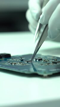 Extreme close-up video: skilled hands in white technical gloves meticulously assemble a futuristic circuit board with tweezers on a clean lab surface, soft bokeh, concept of high-tech precision.