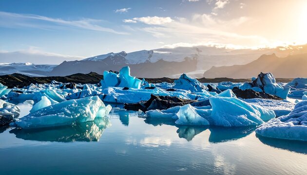 Glacial icebergs reflecting sunrise