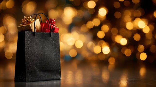 Black Friday shopping bag mockup filled with gifts against a festive bokeh background - Powered by Adobe
