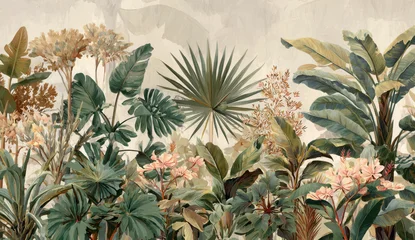 Wanddecoratie Jungle Vintage 3D wallpaper design with tropical plants and lush foliage, oil painting texture, beige background, green leaves, botanical nature pattern  © sirajus salekin