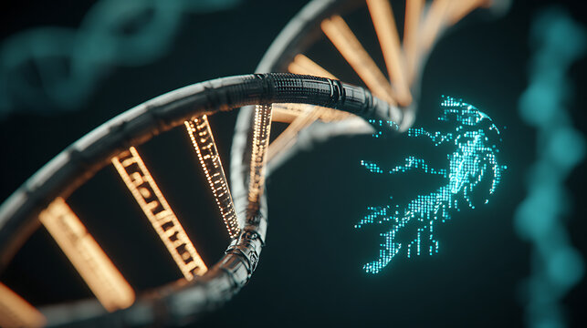 Digital representation of a DNA double helix with a glowing, pixelated virus structure emerging from it - Powered by Adobe
