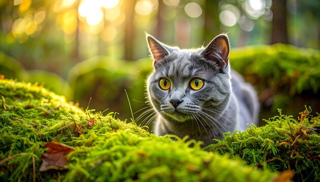 Gray cat in mossy forest at sunset