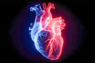 Detailed 3d digital illustration of a human heart illuminated with contrasting red and blue neon lights highlighting vascular structures and anatomical features on black