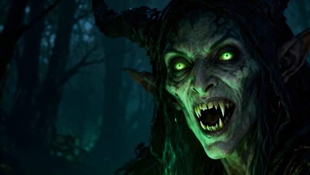 Witch with glowing green eyes in a wicked forest, performing magical rites on Halloween night