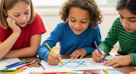 Creative drawing activity with group of diverse children, symbolizing learning and engagement, together they create artwork. Creative drawing at school inspires imagination,