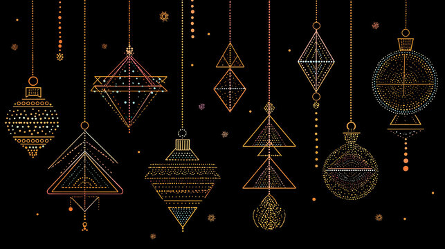 Christmas ornaments hanging from delicate lines arranged in triangular patterns, isolated on a festive black background.
