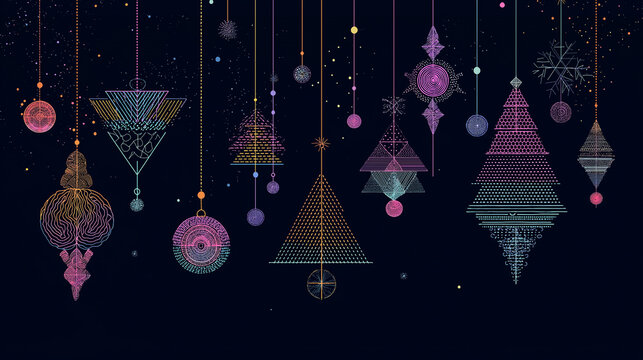 Christmas ornaments hanging from delicate lines arranged in triangular patterns, isolated on a festive black background.