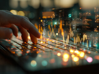 Digital finance and data analysis interface with a futuristic cityscape overlay