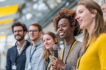 Fototapeta premium A group of six diverse individuals stands together, smiling and participating in a public speaking event. One person holds a microphone while others listen intently