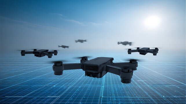 Multiple drones flying in formation over a digital grid landscape under a bright sun