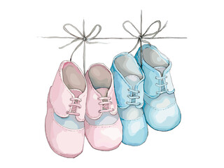 Hand-drawn watercolor illustration of baby shoes in pastel pink and blue, cute romantic theme, isolated on white background