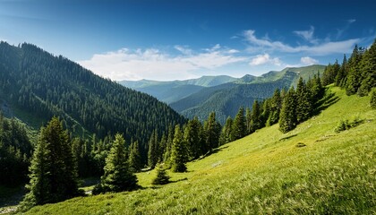 Obraz premium Breathtaking Summer Day In Wild Mountains With Coniferous Forest And Green Slopes