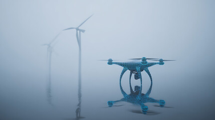 A blue wireframe drone is displayed in a foggy environment with wind turbines in the background.