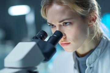 A focused researcher observes samples closely through a microscope in a well-equipped laboratory. The setting is busy and filled with advanced technology