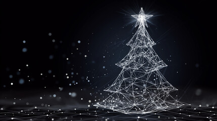 A low-poly wireframe Christmas tree featuring geometric polygonal shapes, creating a modern, minimalistic, and digital-inspired holiday design on blue background 