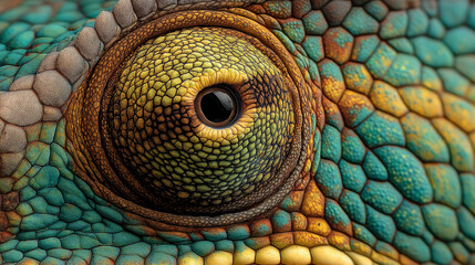 Obraz premium A close-up of a chameleon’s skin and eye reveals vivid scales, intricate textures, and mesmerizing color transitions in stunning natural detail.