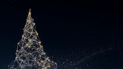 A low-poly wireframe Christmas tree featuring geometric polygonal shapes, creating a modern, minimalistic, and digital-inspired holiday design on blue background 
