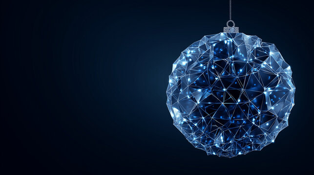 A modern low-poly Christmas blue tree ball decoration featuring geometric facets, vibrant colors, and a sleek, minimalistic holiday design on dark blue background