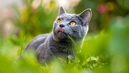 Gray cat in vibrant green grass, tongue out