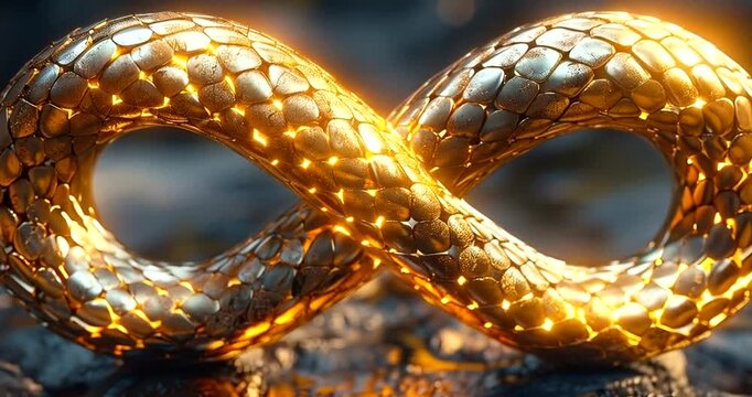 A golden infinity symbol made of snake scales rests on a dark, textured surface, symbolizing eternity and transformation 4k video