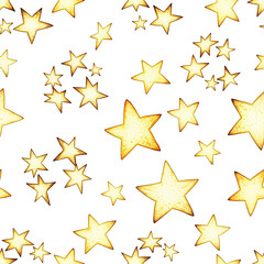 Fototapeta premium Illustration of a seamless pattern of handpainted yellow stars scattered on a transparent background, isolated on transparent background