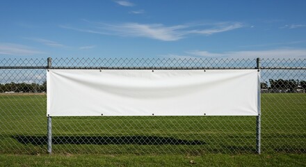 Blank white banner on a chain link fence at a green sports field under a clear blue sky providing ample copy space.