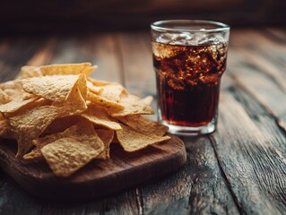 Nachos chips and cola drink on wooden table, Nacional Nacho Day concept
