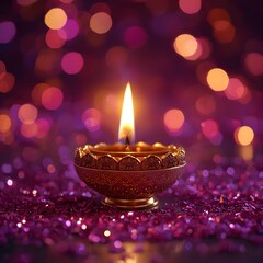 Glowing Diwali Diya with Sparkling Purple Glitter Background
