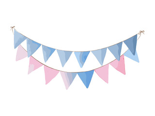Fototapeta premium Hand-drawn watercolor illustration of festive banner with pastel pink and blue flags, elegant soft pastel palette, isolated on white background