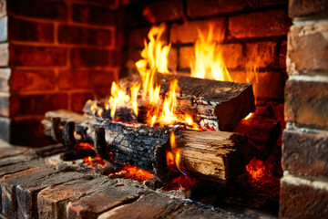 Cozy indoor fireplace with crackling logs and warm flames