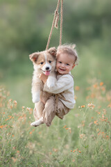 joyful child swings with playful puppy on sunny day their laughter filling air
