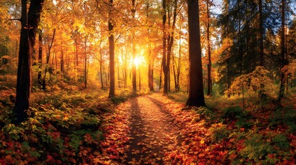 Obraz premium Sunlight bathes forest, vibrant fall colors. Golden autumn leaves blanket forest floor creating scenic view