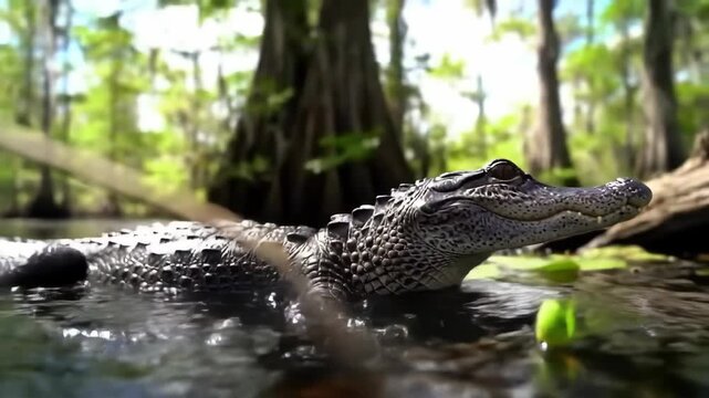 Alligator in swamp waters. Wildlife animal, nature landscape, wetlands and outdoor scenery featuring the American alligator.